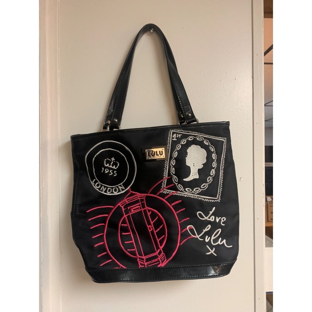 Lulu Guiness London Print Black Pink Handbag Shoulder Bag Purse Stamp Postmark